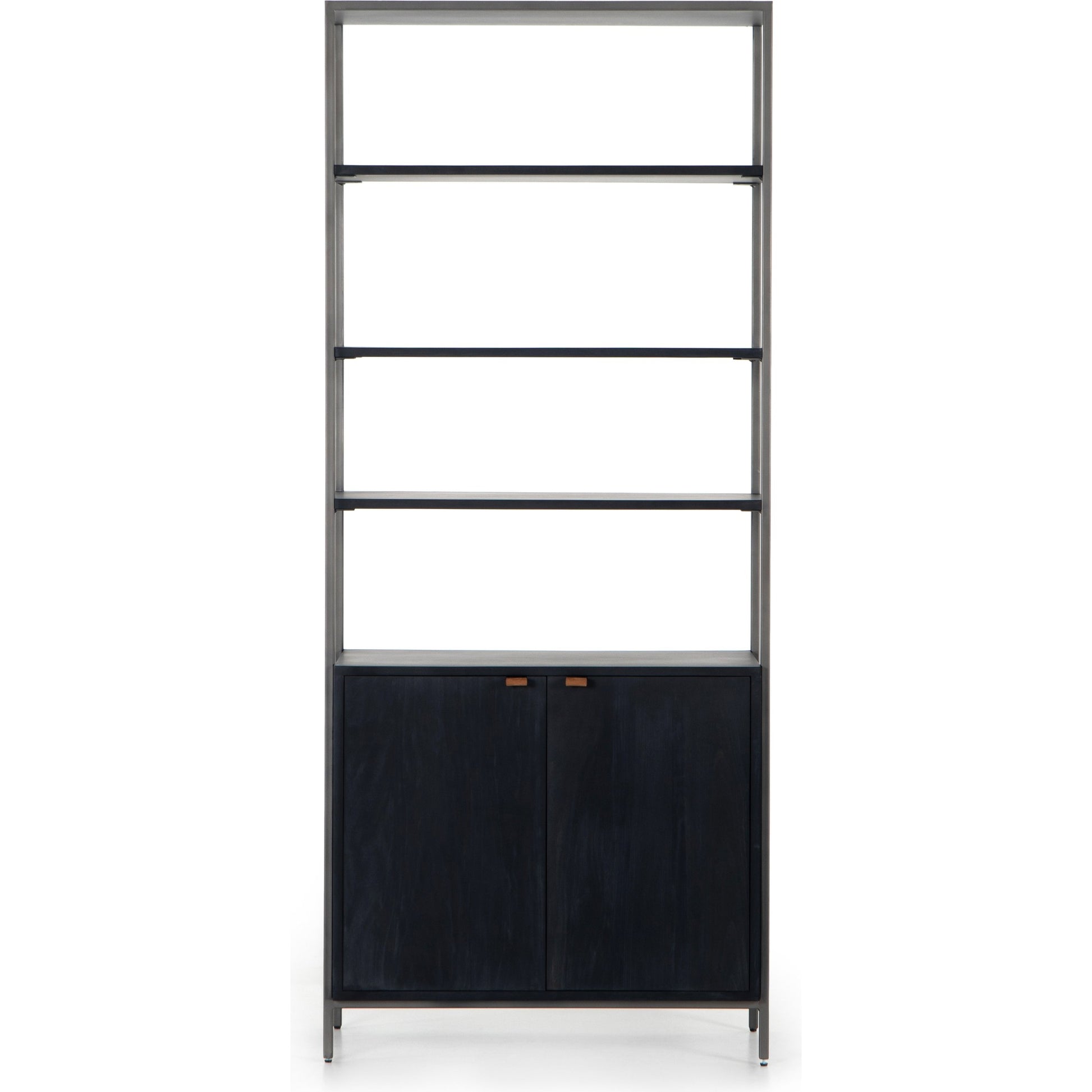 Trey Modular Wide Bookcase by Four Hands. Made from solid poplar, top grain leather, iron in a modern style.