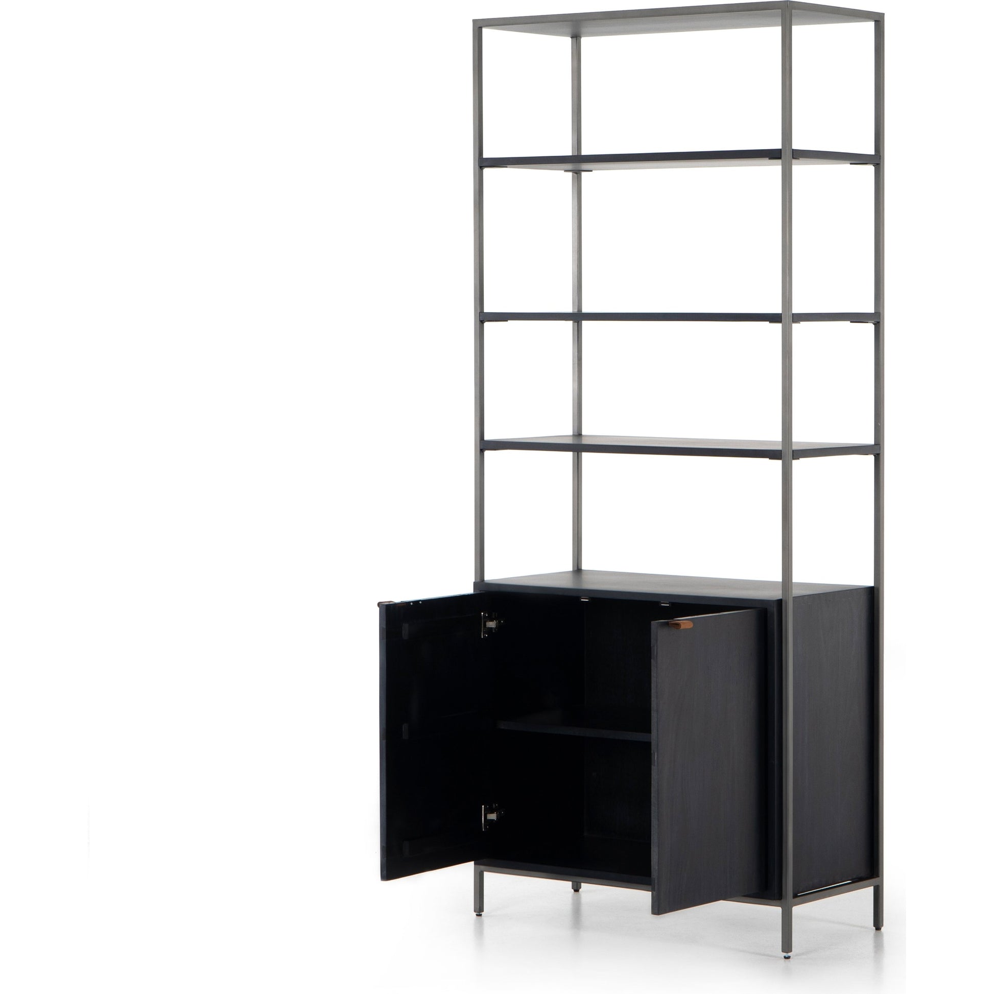 Trey Modular Wide Bookcase by Four Hands. Made from solid poplar, top grain leather, iron in a modern style.