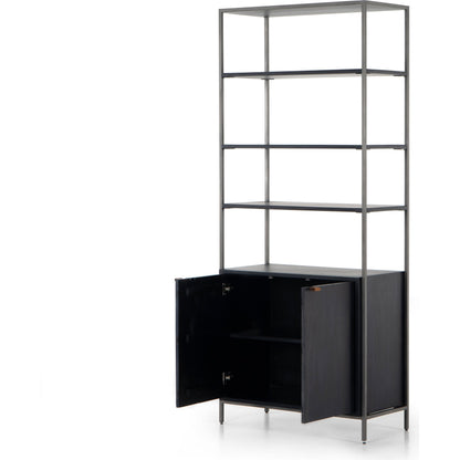 Trey Modular Wide Bookcase by Four Hands. Made from solid poplar, top grain leather, iron in a modern style.