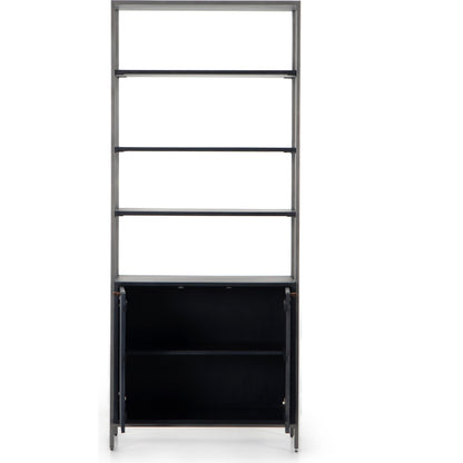 Trey Modular Wide Bookcase by Four Hands. Made from solid poplar, top grain leather, iron in a modern style.