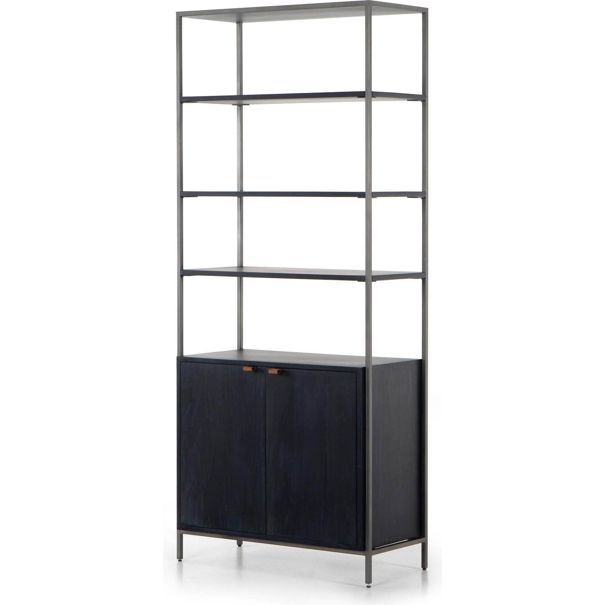 Trey Modular Wide Bookcase by Four Hands. Made from solid poplar, top grain leather, iron in a modern style.