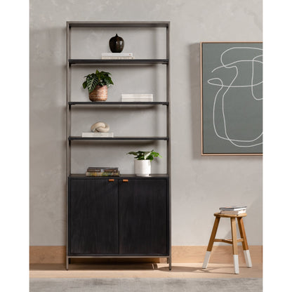 Trey Modular Wide Bookcase by Four Hands. Made from solid poplar, top grain leather, iron in a modern style.