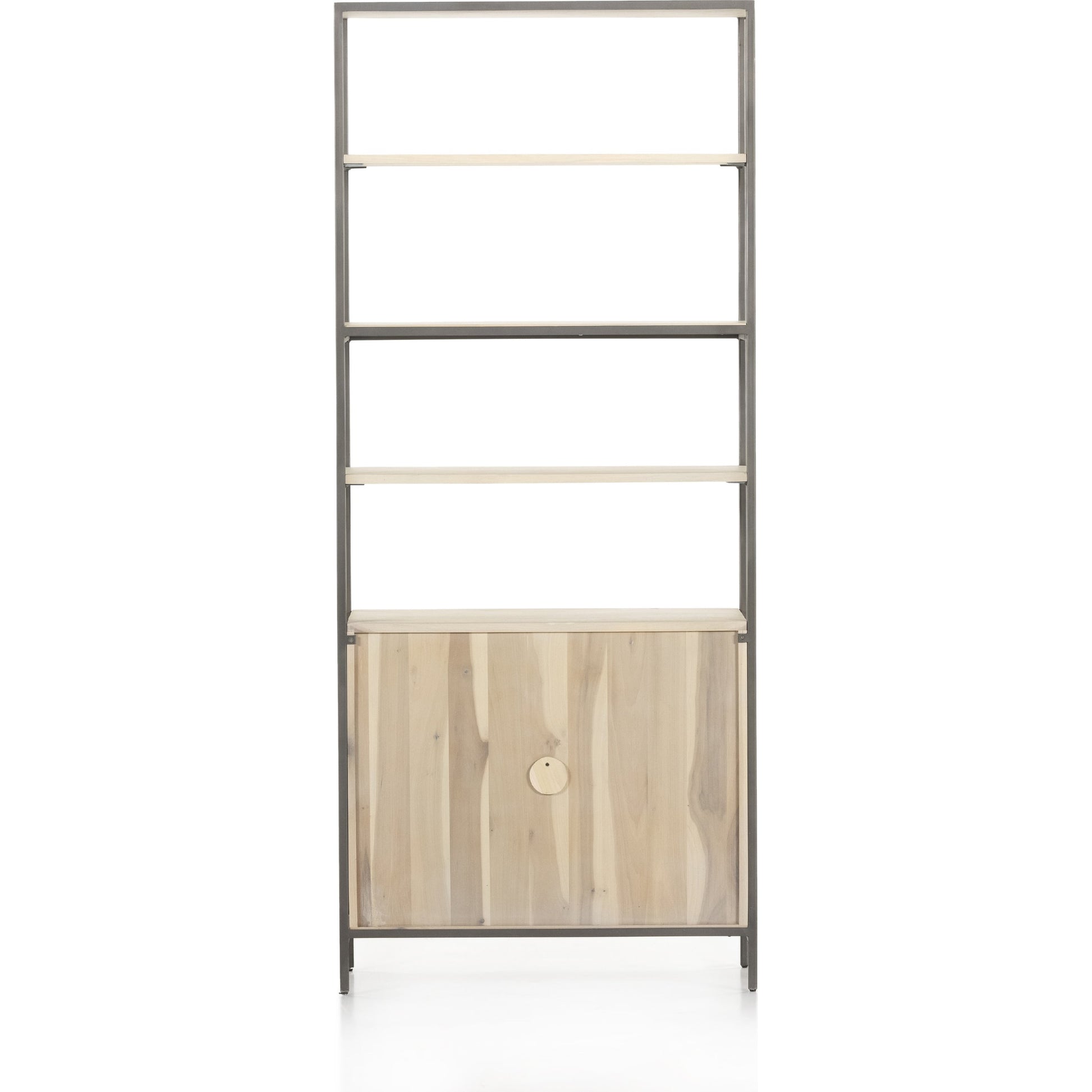 Trey Modular Wide Bookcase by Four Hands. Made from solid poplar, top grain leather, iron in a modern style.