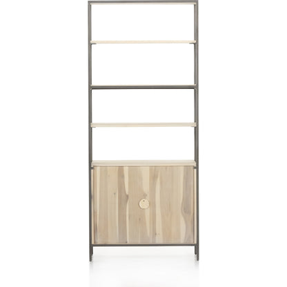 Trey Modular Wide Bookcase by Four Hands. Made from solid poplar, top grain leather, iron in a modern style.