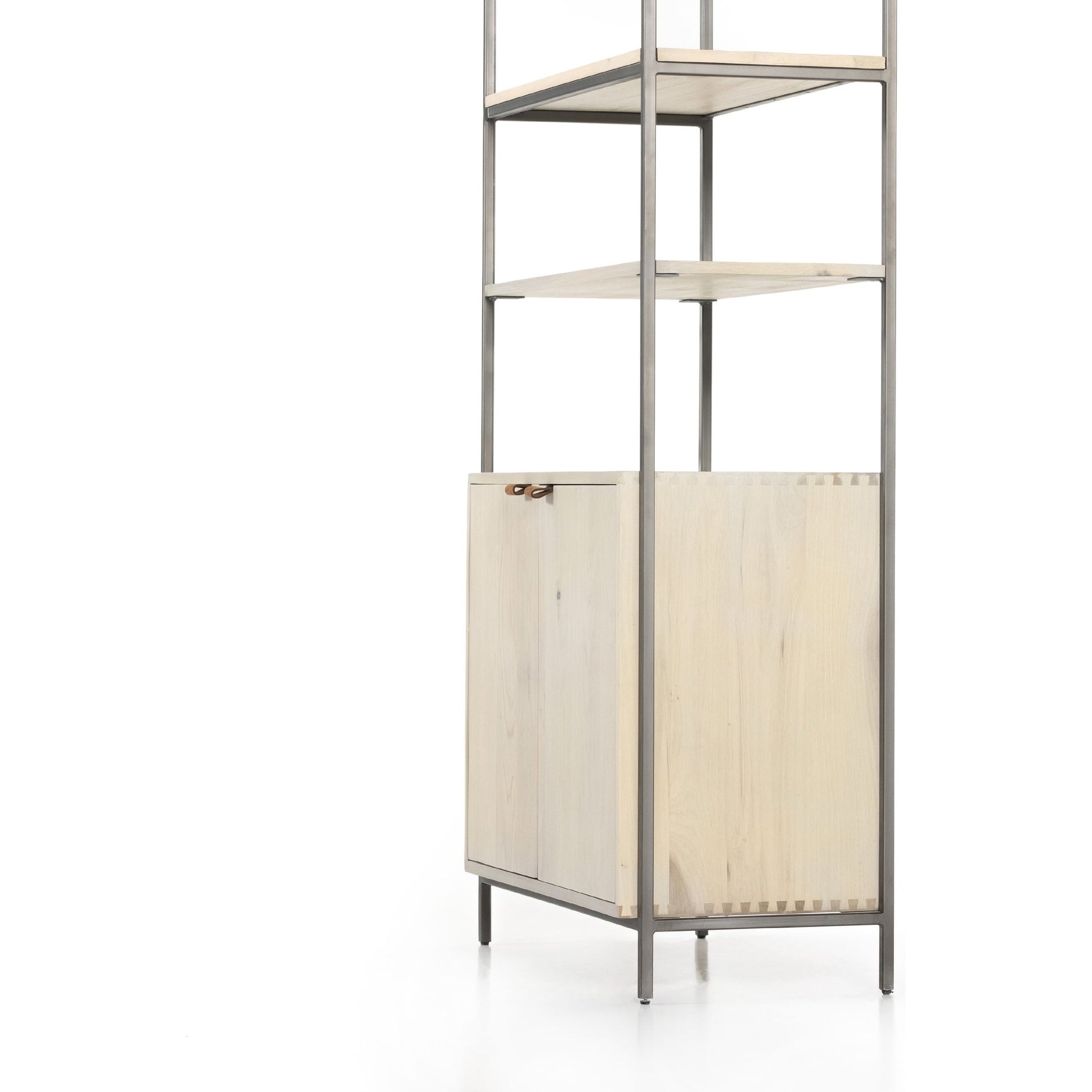 Trey Modular Wide Bookcase by Four Hands. Made from solid poplar, top grain leather, iron in a modern style.