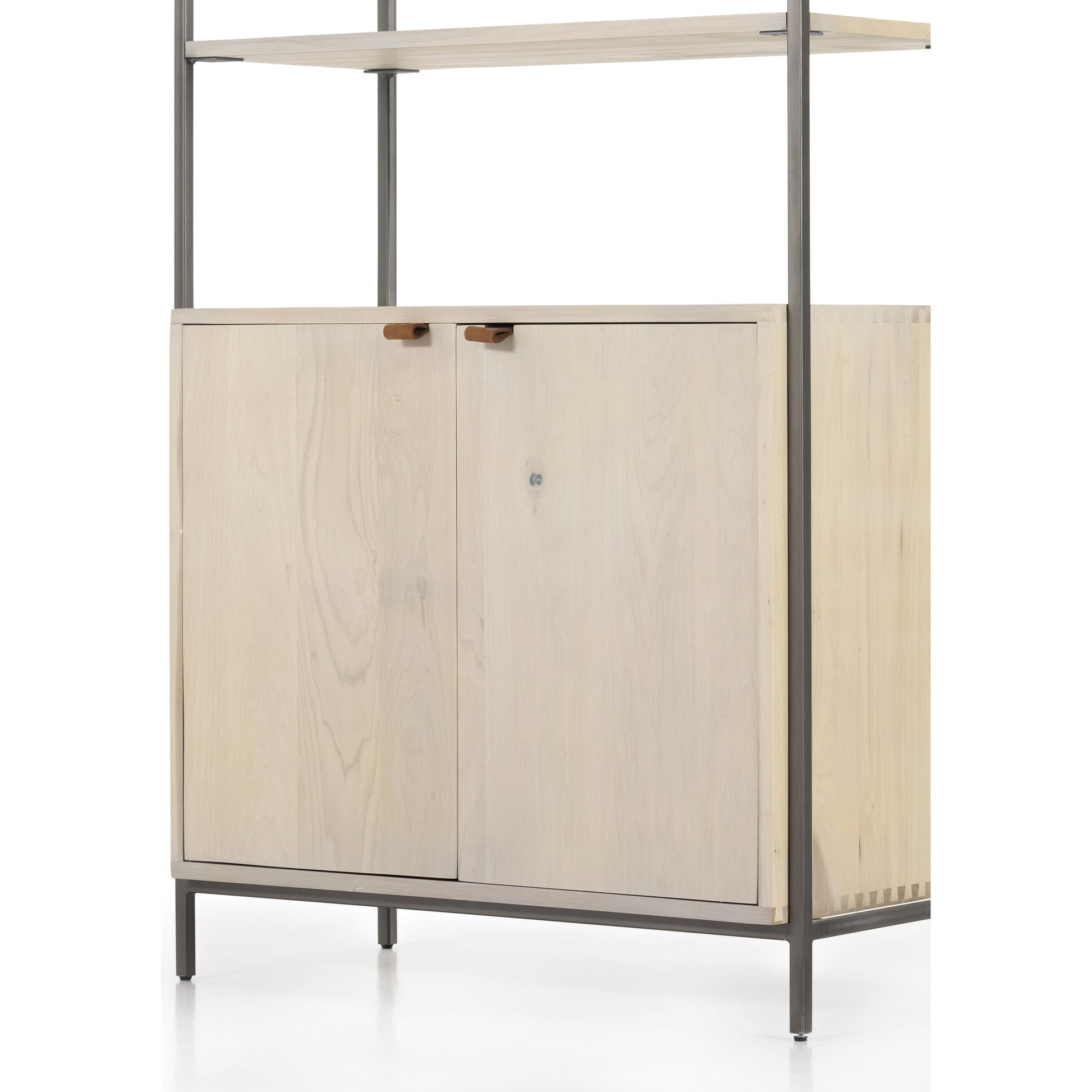 Trey Modular Wide Bookcase by Four Hands. Made from solid poplar, top grain leather, iron in a modern style.
