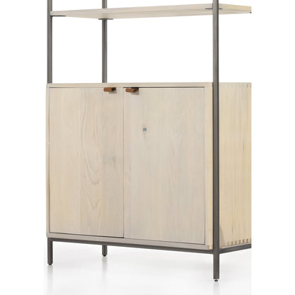 Trey Modular Wide Bookcase by Four Hands. Made from solid poplar, top grain leather, iron in a modern style.