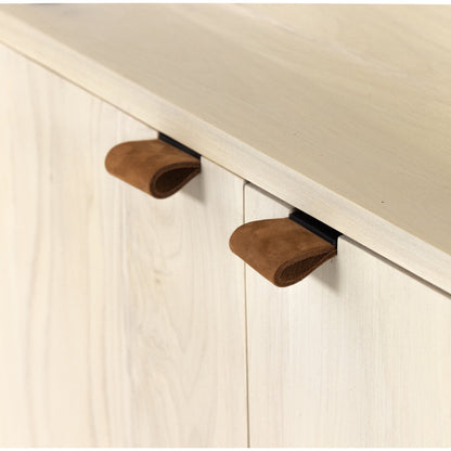Trey Modular Wide Bookcase by Four Hands. Made from solid poplar, top grain leather, iron in a modern style.