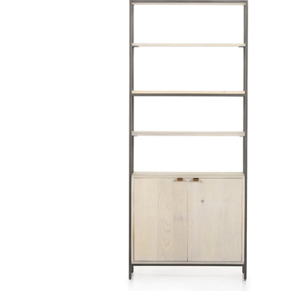 Trey Modular Wide Bookcase by Four Hands. Made from solid poplar, top grain leather, iron in a modern style.