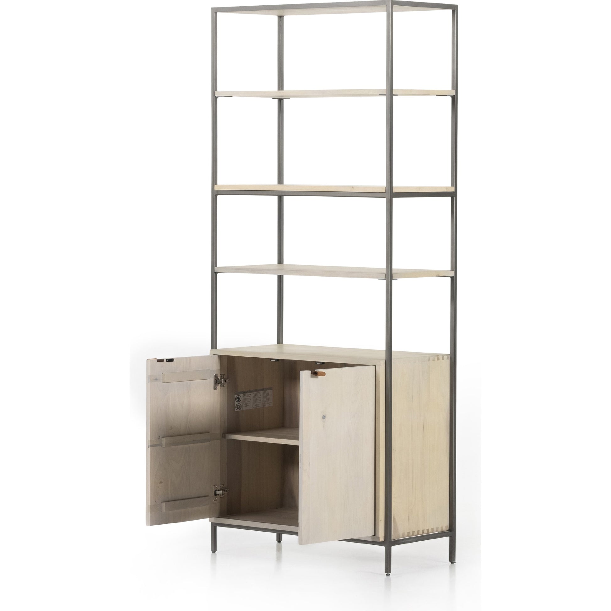 Trey Modular Wide Bookcase by Four Hands. Made from solid poplar, top grain leather, iron in a modern style.