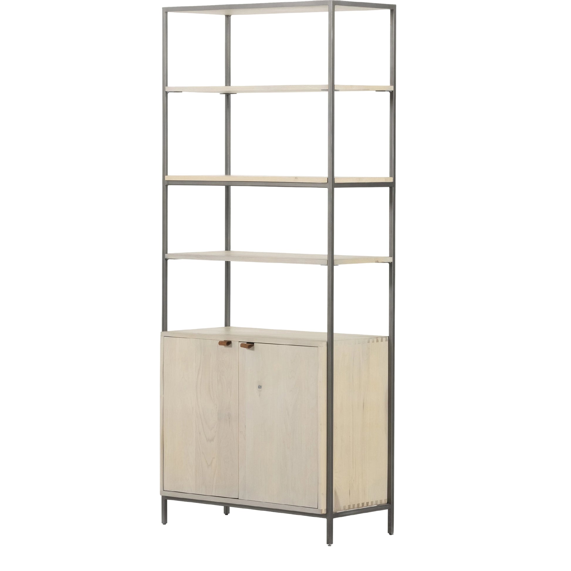 Trey Modular Wide Bookcase by Four Hands. Made from solid poplar, top grain leather, iron in a modern style.