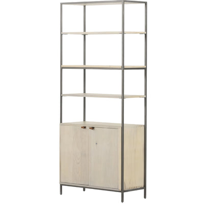 Trey Modular Wide Bookcase by Four Hands. Made from solid poplar, top grain leather, iron in a modern style.