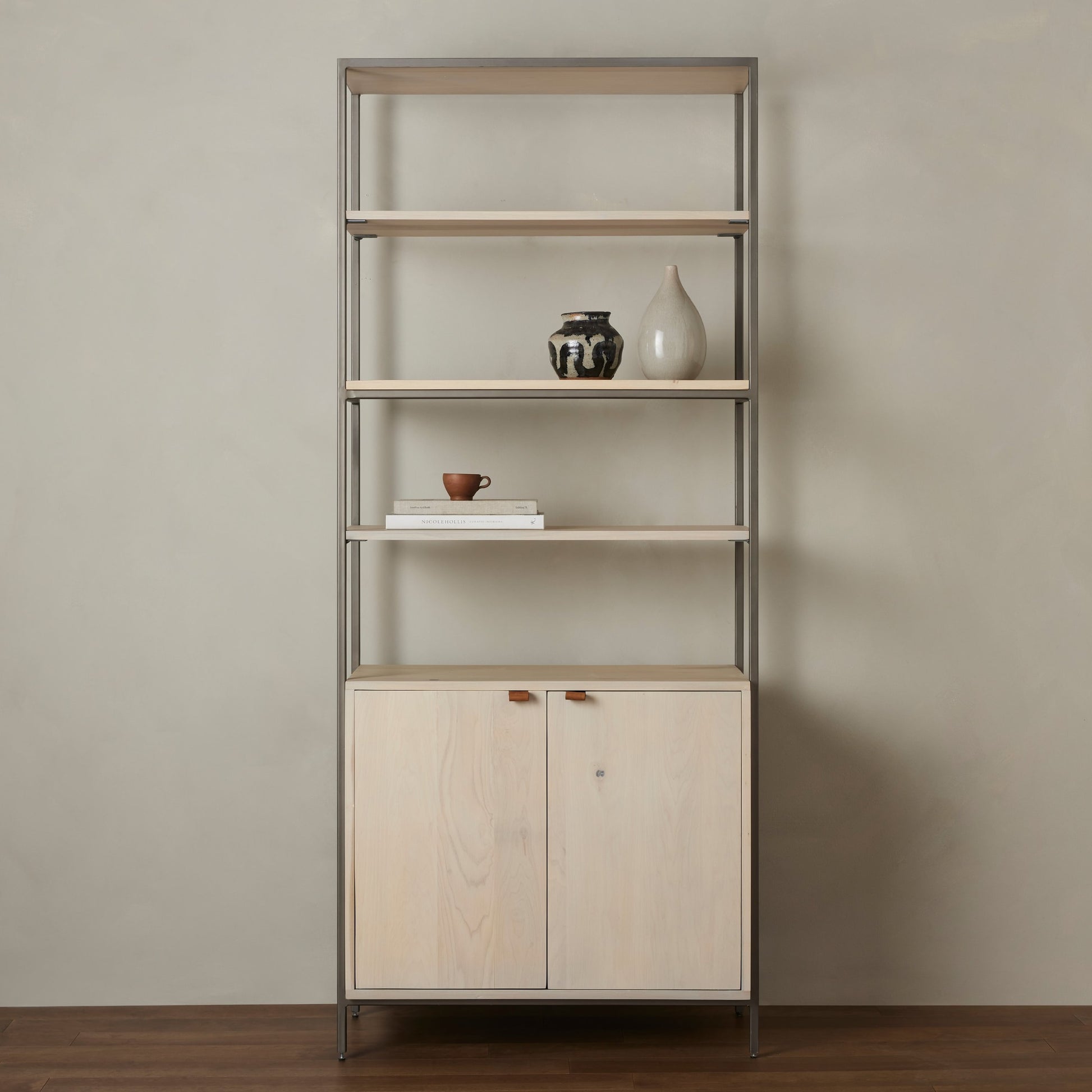 Trey Modular Wide Bookcase by Four Hands. Made from solid poplar, top grain leather, iron in a modern style.