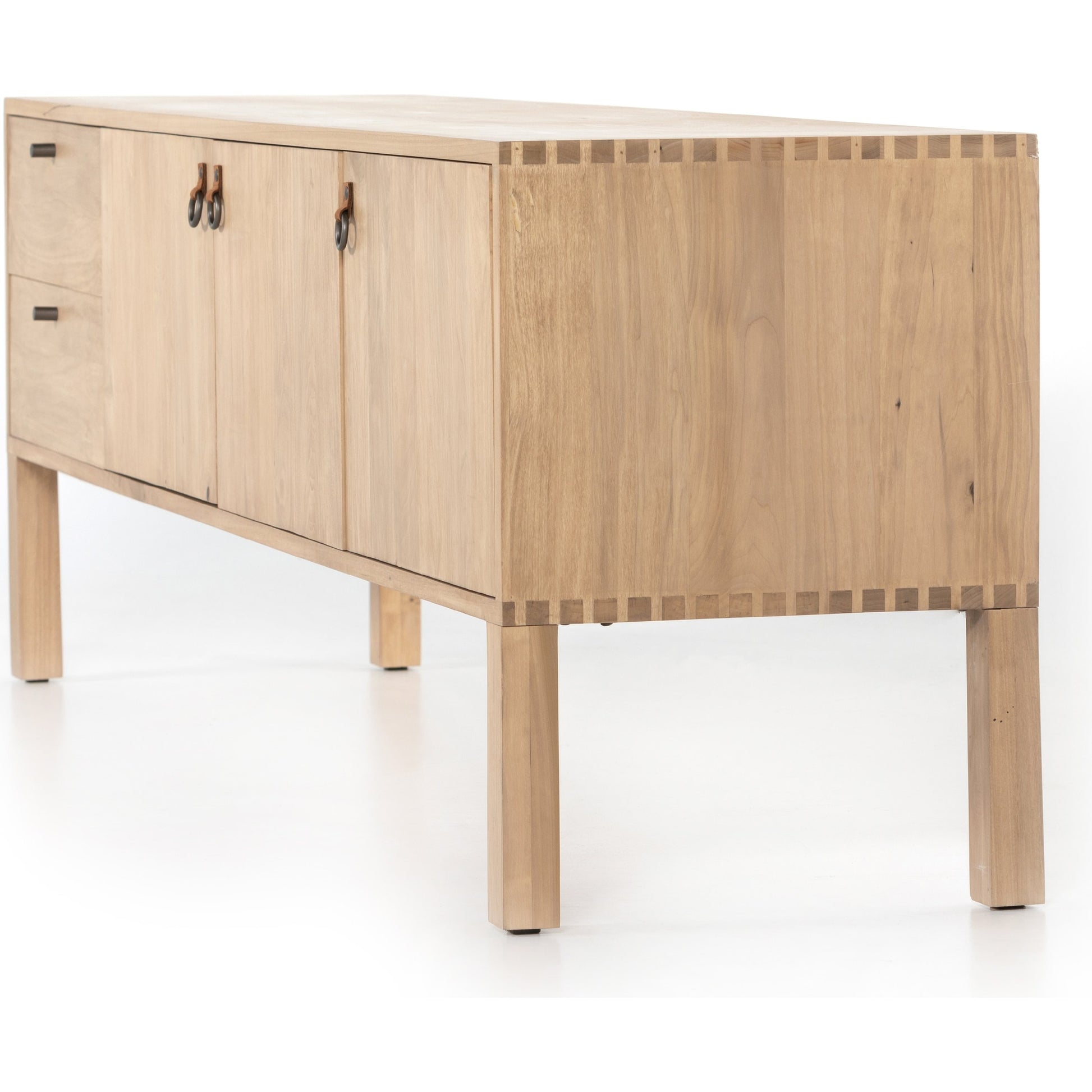 Isador Media Console by Four Hands in black wash poplar, natural iron, black leather and black wash poplar. Made from solid poplar, top grain leather in a modern style.