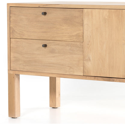 Isador Media Console by Four Hands in black wash poplar, natural iron, black leather and black wash poplar. Made from solid poplar, top grain leather in a modern style.