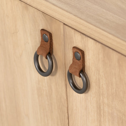 Isador Media Console by Four Hands in black wash poplar, natural iron, black leather and black wash poplar. Made from solid poplar, top grain leather in a modern style.