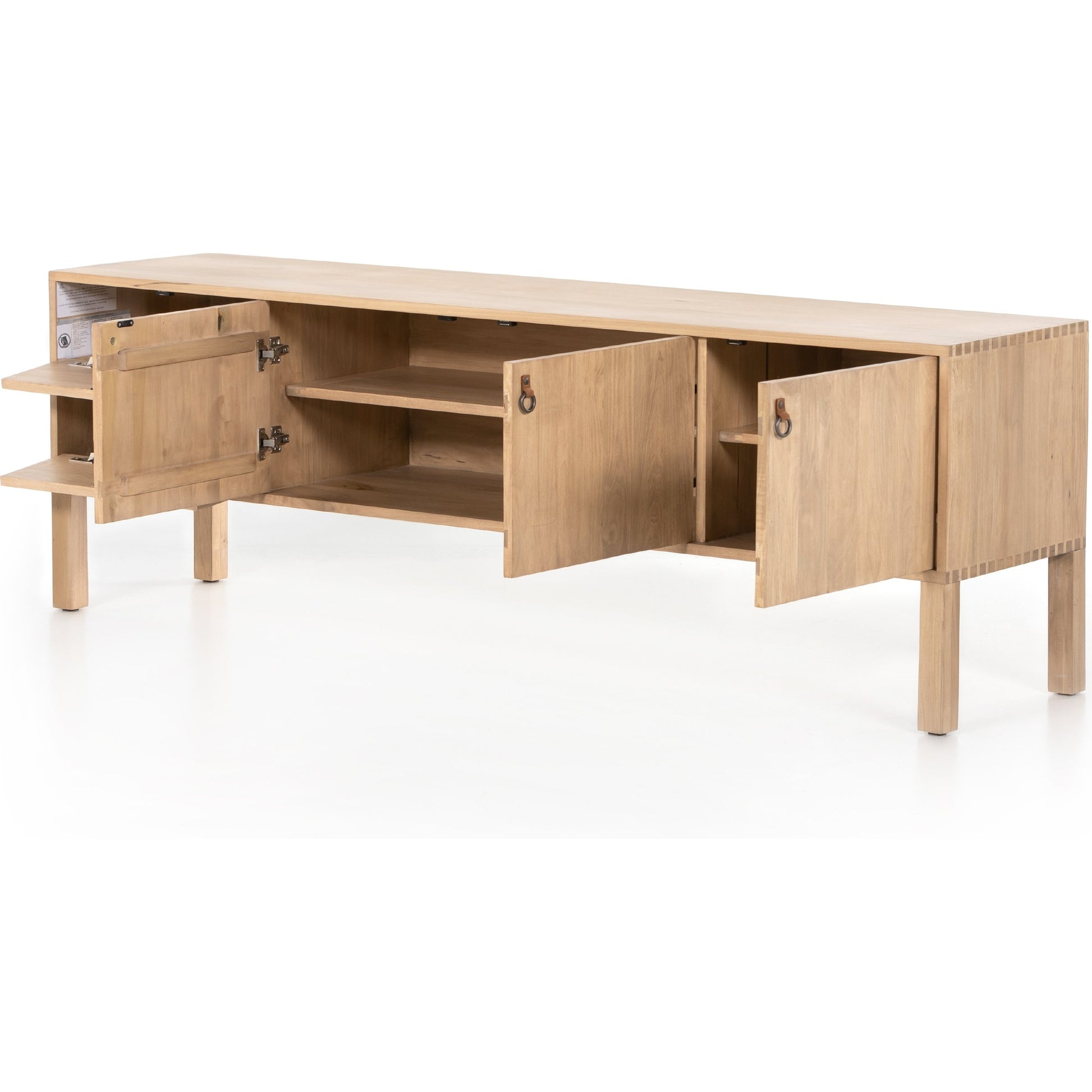 Isador Media Console by Four Hands in black wash poplar, natural iron, black leather and black wash poplar. Made from solid poplar, top grain leather in a modern style.