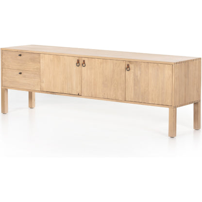 Isador Media Console by Four Hands in black wash poplar, natural iron, black leather and black wash poplar. Made from solid poplar, top grain leather in a modern style.