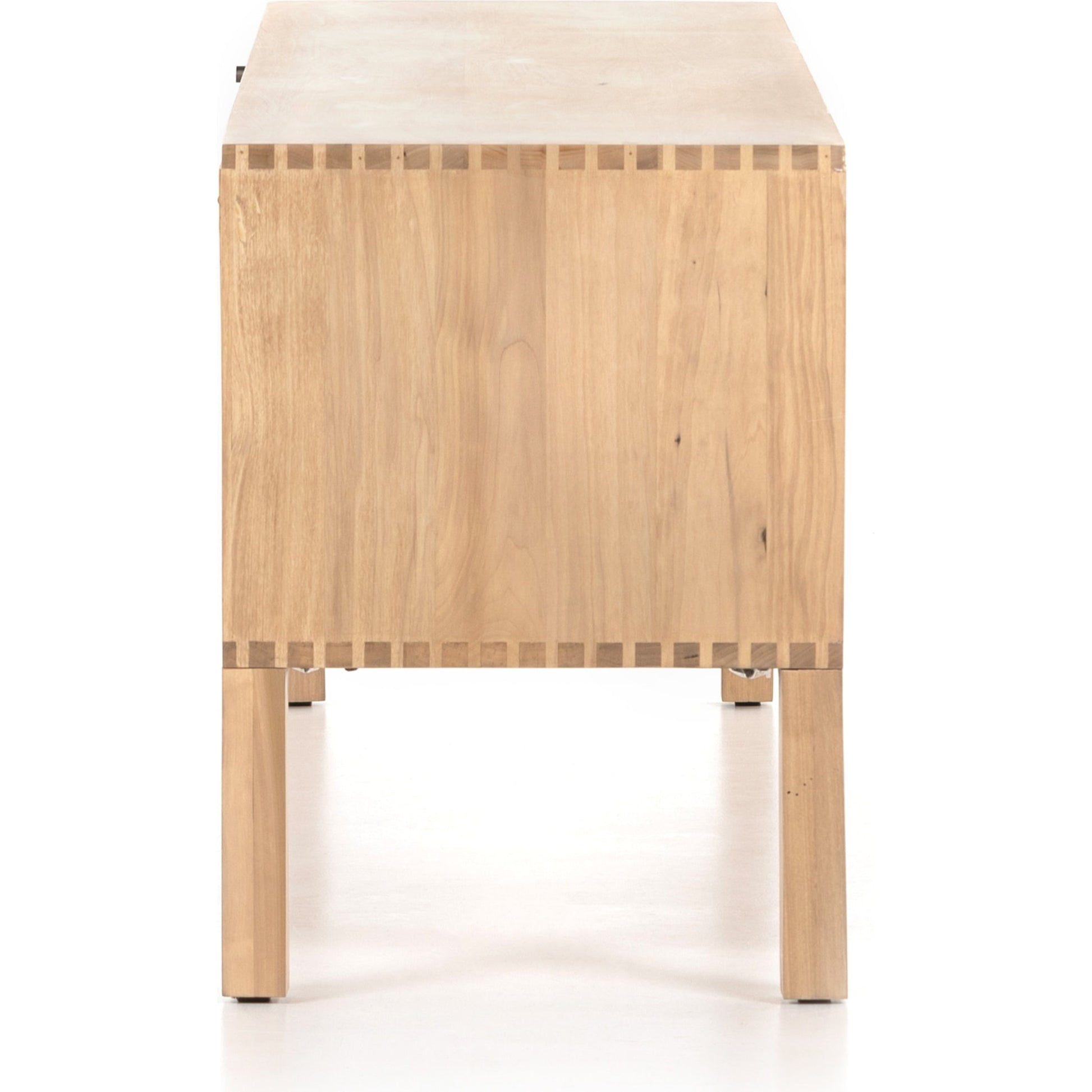 Isador Media Console by Four Hands in black wash poplar, natural iron, black leather and black wash poplar. Made from solid poplar, top grain leather in a modern style.