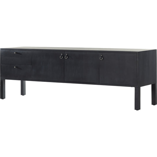 Isador Media Console by Four Hands in black wash poplar, natural iron, black leather and black wash poplar. Made from solid poplar, top grain leather in a modern style.
