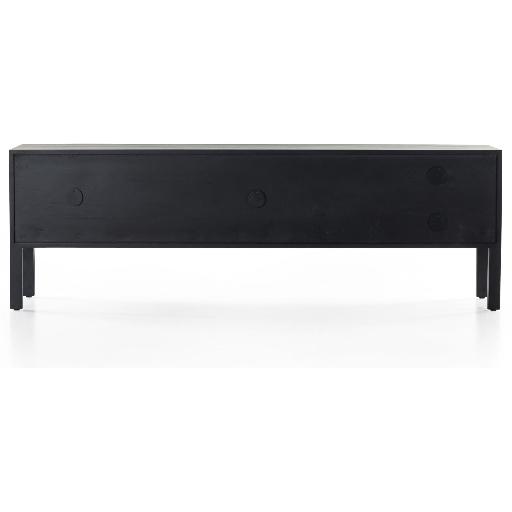 Isador Media Console by Four Hands in black wash poplar, natural iron, black leather and black wash poplar. Made from solid poplar, top grain leather in a modern style.