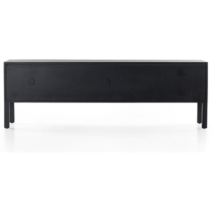 Isador Media Console by Four Hands in black wash poplar, natural iron, black leather and black wash poplar. Made from solid poplar, top grain leather in a modern style.