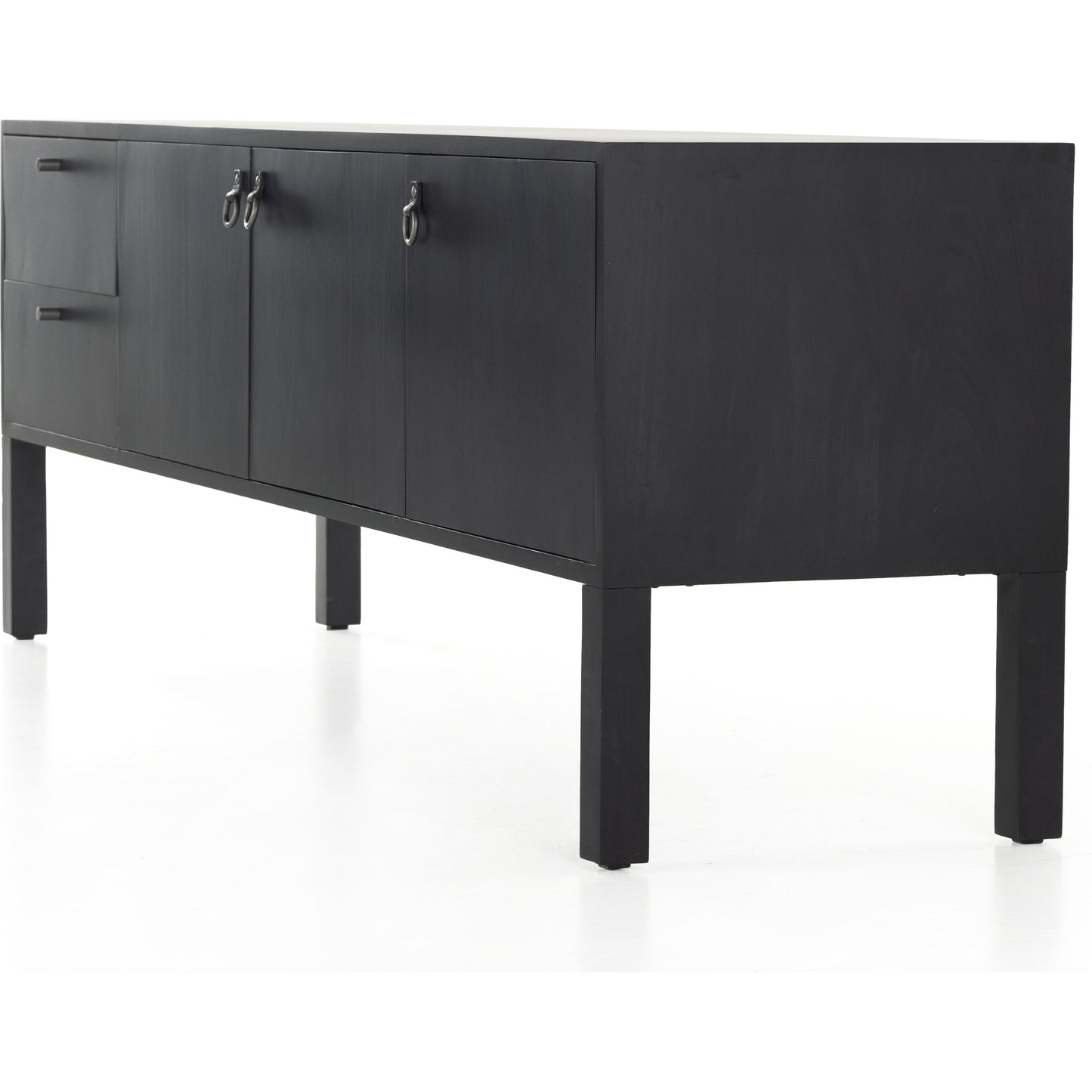 002 SI-1902454 | Additional Silo | Isador Media Console by Four Hands in black wash poplar, natural iron, black leather and black wash poplar. Made from solid poplar, top grain leather in a modern style.