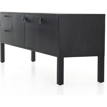 Isador Media Console by Four Hands in black wash poplar, natural iron, black leather and black wash poplar. Made from solid poplar, top grain leather in a modern style.
