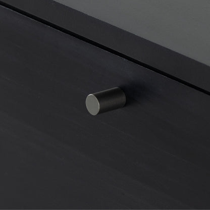 Isador Media Console by Four Hands in black wash poplar, natural iron, black leather and black wash poplar. Made from solid poplar, top grain leather in a modern style.