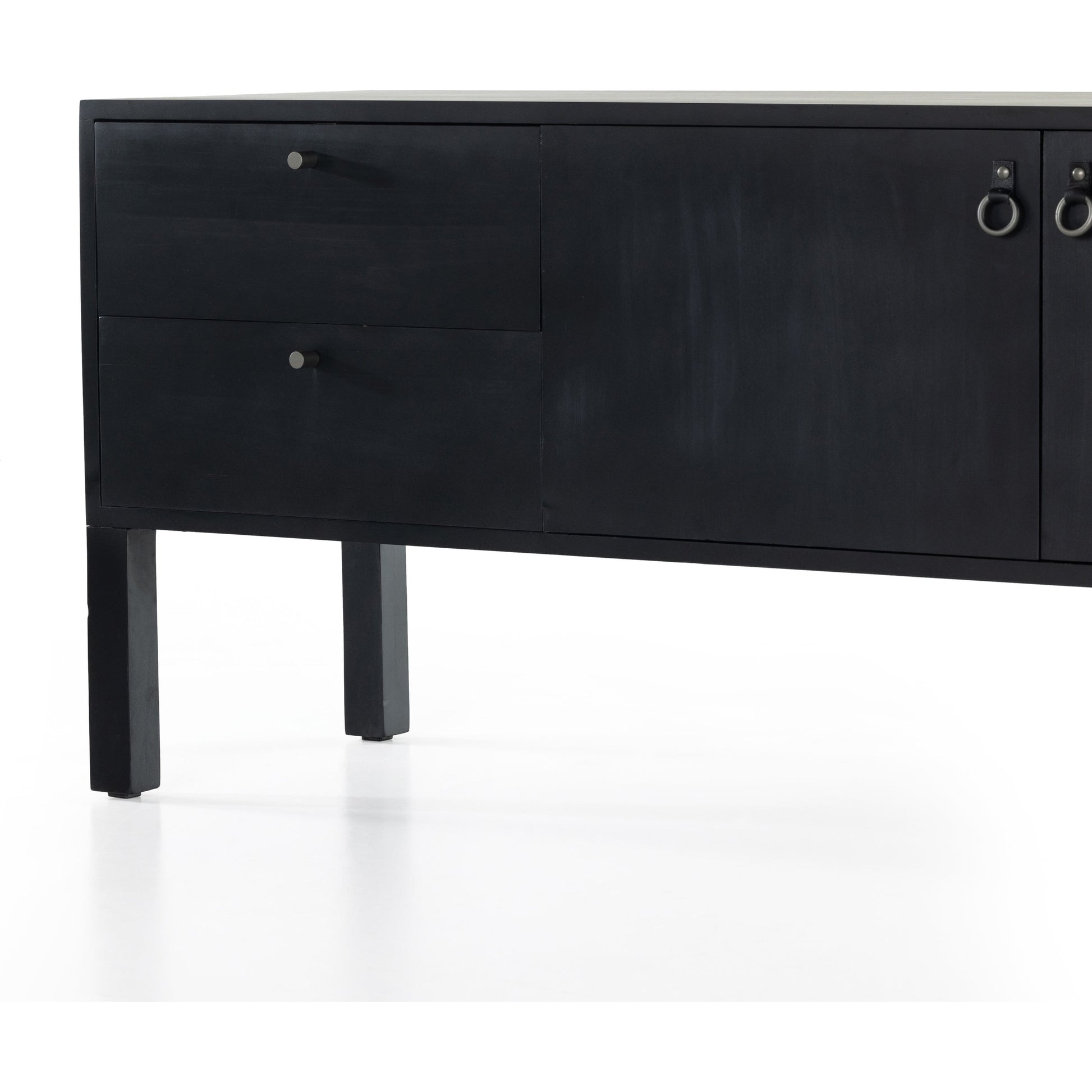 Isador Media Console by Four Hands in black wash poplar, natural iron, black leather and black wash poplar. Made from solid poplar, top grain leather in a modern style.