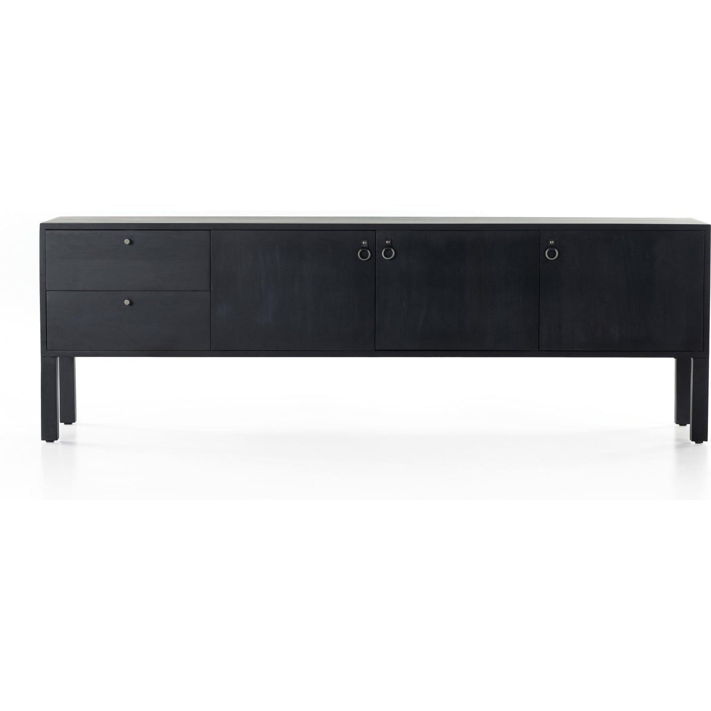 003 SI-1902454 | Additional Silo | Isador Media Console by Four Hands in black wash poplar, natural iron, black leather and black wash poplar. Made from solid poplar, top grain leather in a modern style.