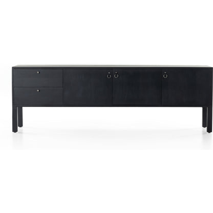 Isador Media Console by Four Hands in black wash poplar, natural iron, black leather and black wash poplar. Made from solid poplar, top grain leather in a modern style.