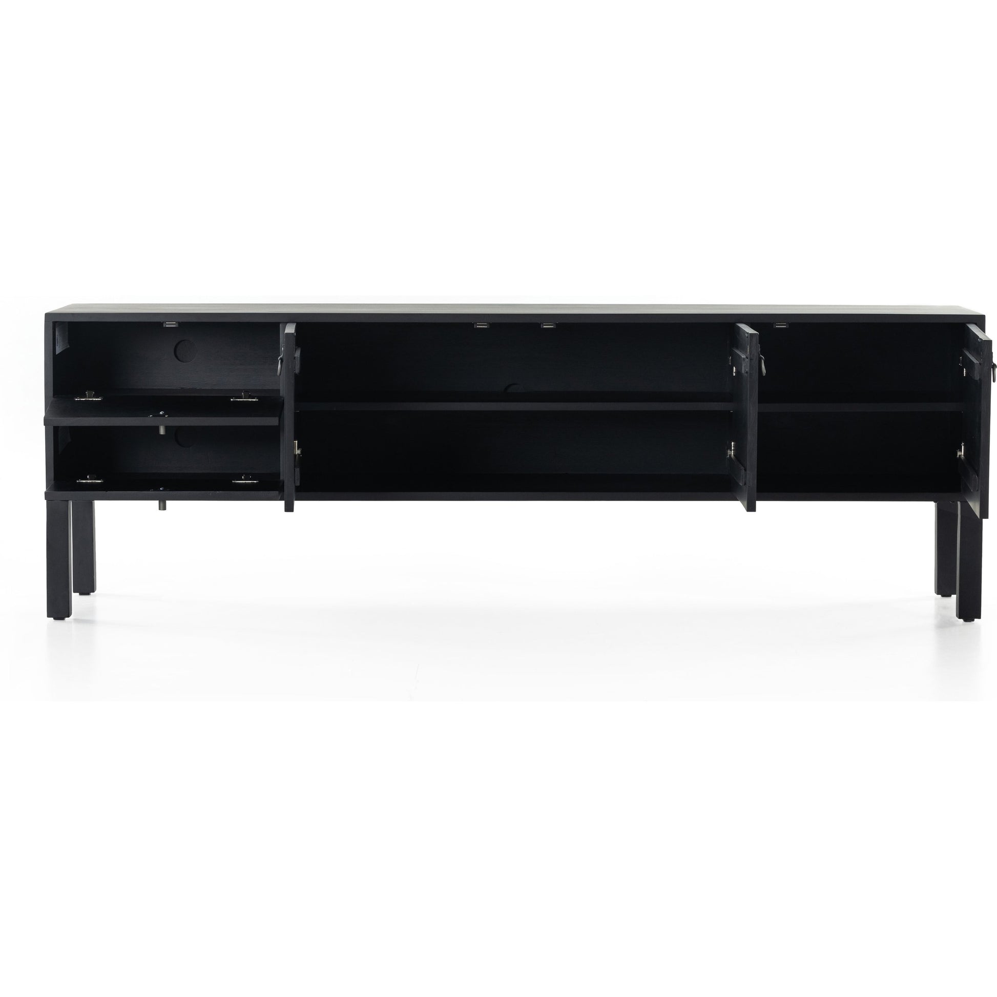 Isador Media Console by Four Hands in black wash poplar, natural iron, black leather and black wash poplar. Made from solid poplar, top grain leather in a modern style.