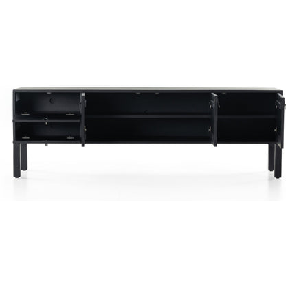 Isador Media Console by Four Hands in black wash poplar, natural iron, black leather and black wash poplar. Made from solid poplar, top grain leather in a modern style.
