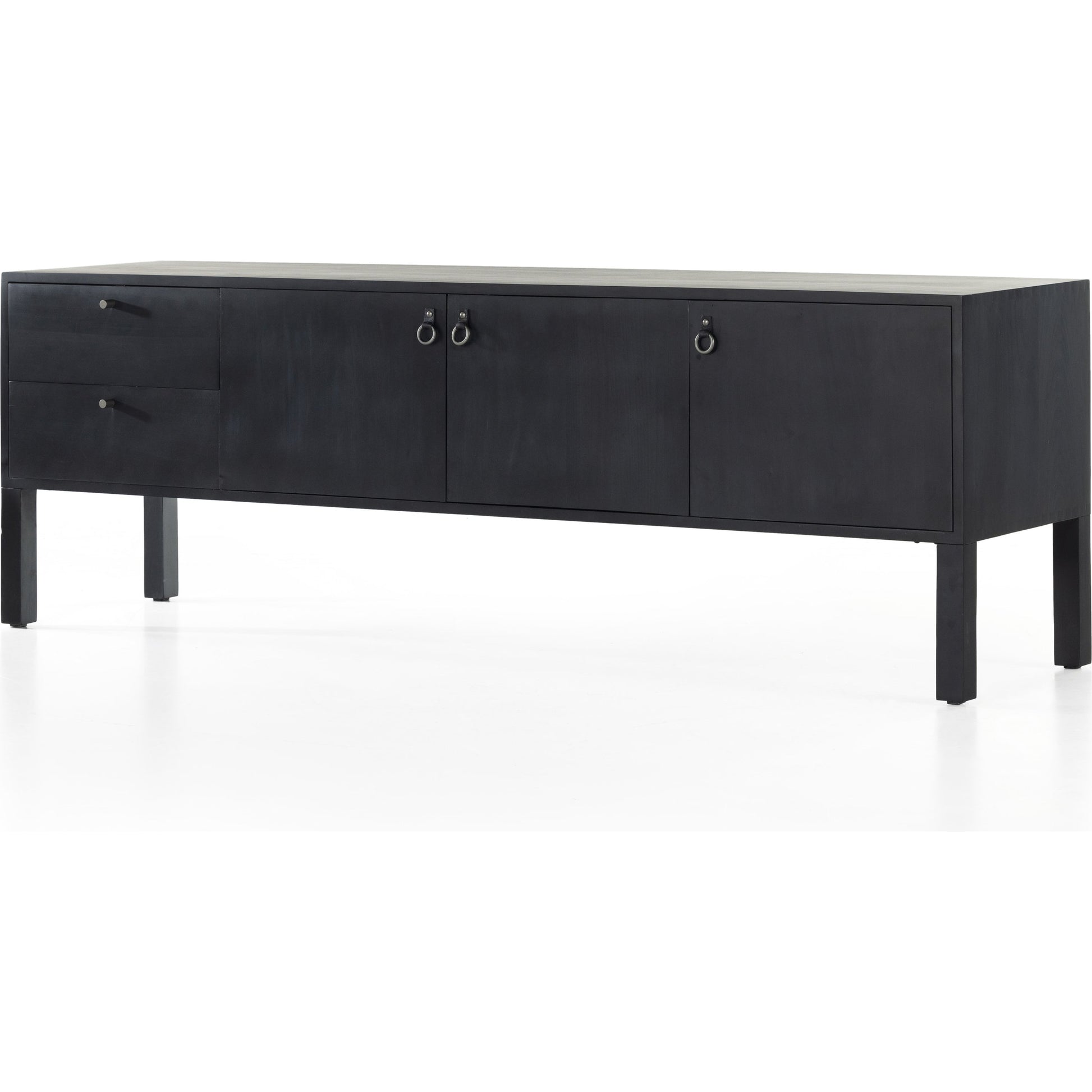 Isador Media Console by Four Hands in black wash poplar, natural iron, black leather and black wash poplar. Made from solid poplar, top grain leather in a modern style.