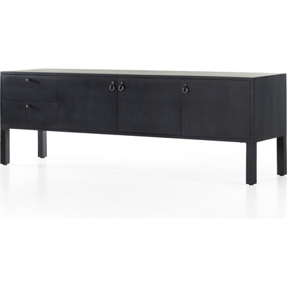 Isador Media Console by Four Hands in black wash poplar, natural iron, black leather and black wash poplar. Made from solid poplar, top grain leather in a modern style.