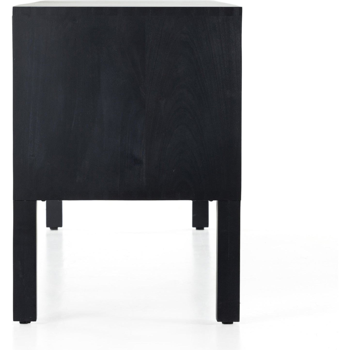 004 SI-1902454 | Additional Silo | Isador Media Console by Four Hands in black wash poplar, natural iron, black leather and black wash poplar. Made from solid poplar, top grain leather in a modern style.