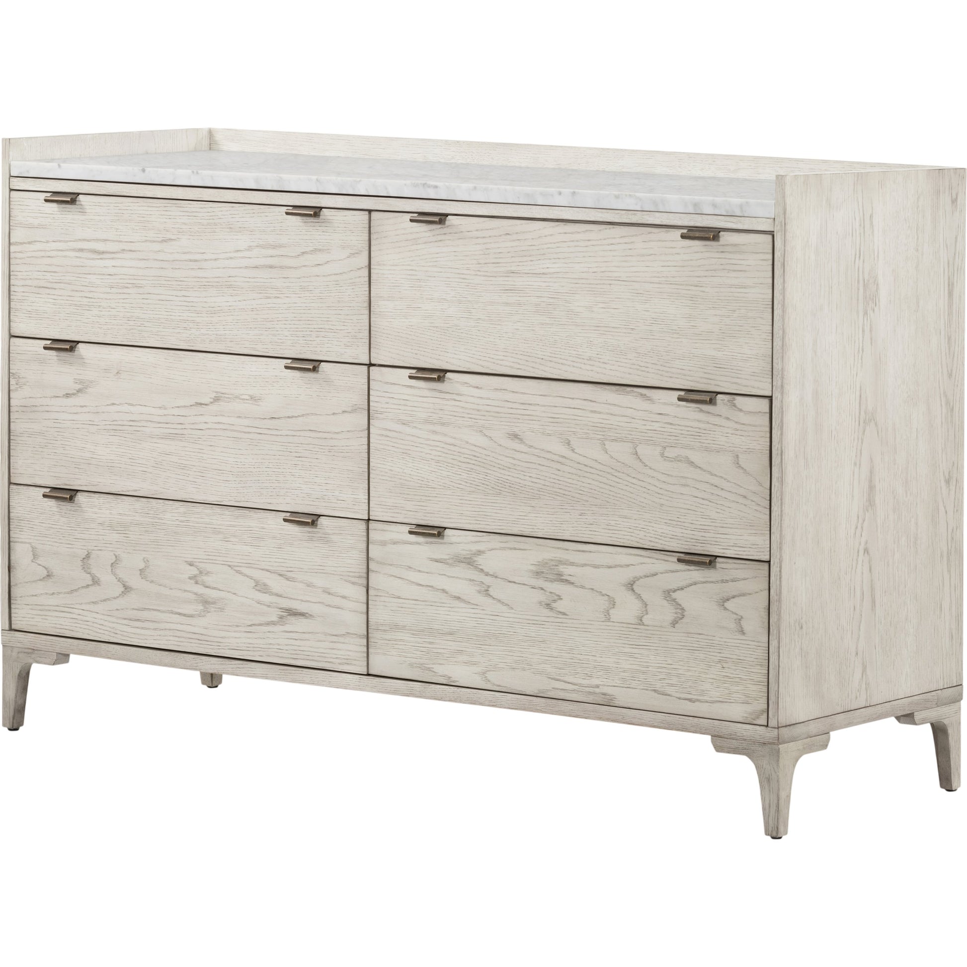 Viggo 6 Drawer Dresser by Four Hands in vintage white oak, vintage white oak solid, italian white marble and vintage white oak, italian white marble. Made from oak veneer, solid oak, solid marble in a rustic style.