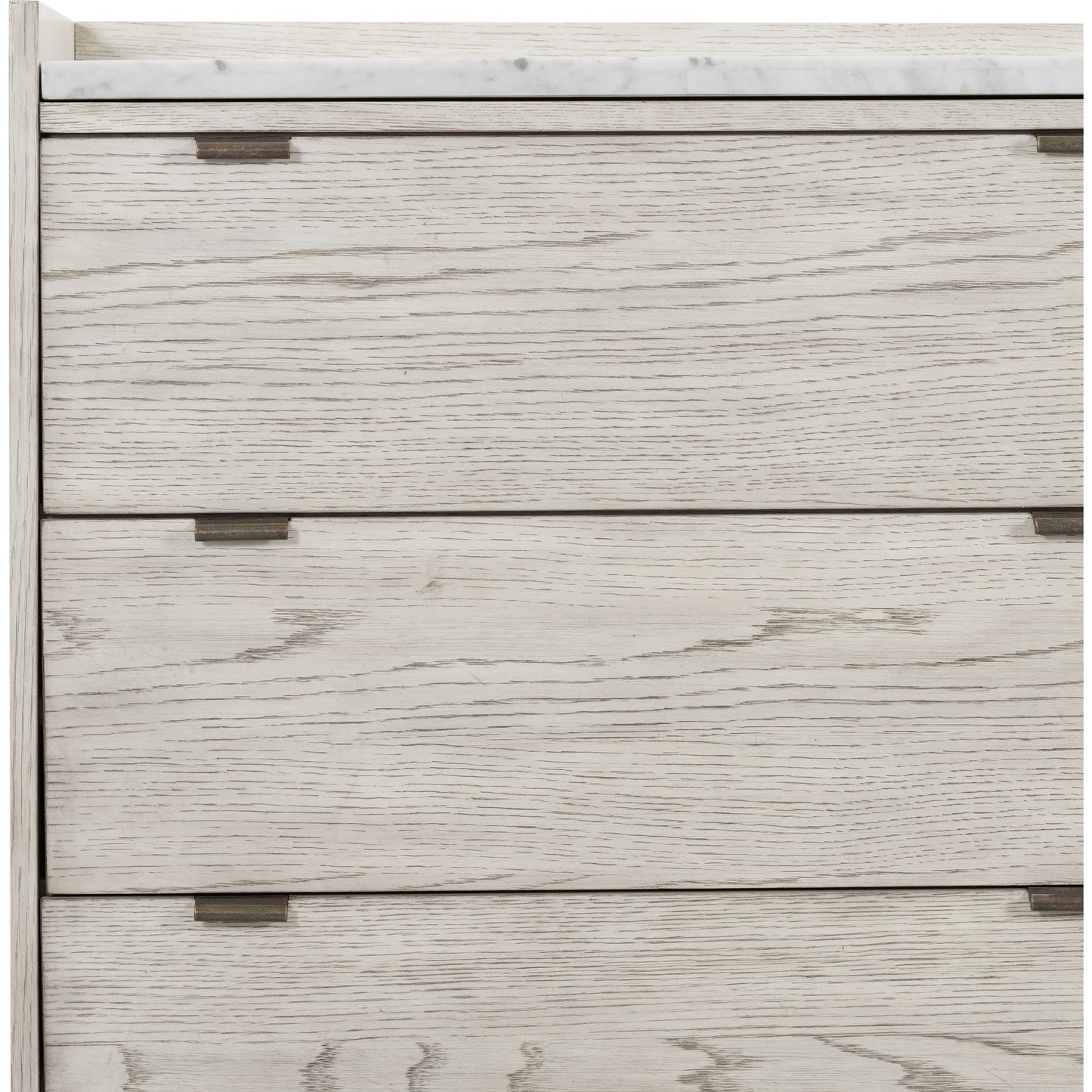 001 SI-1717124 | Closeup | Viggo 6 Drawer Dresser by Four Hands in vintage white oak, vintage white oak solid, italian white marble and vintage white oak, italian white marble. Made from oak veneer, solid oak, solid marble in a rustic style.