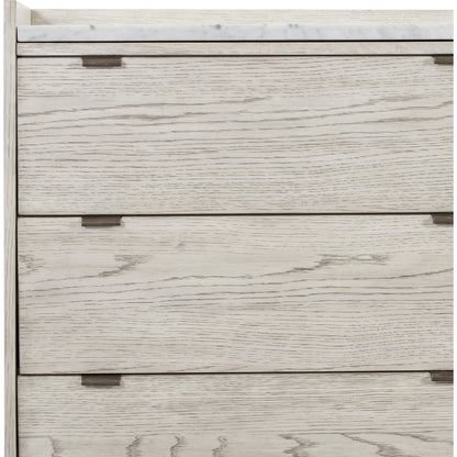 Viggo 6 Drawer Dresser by Four Hands in vintage white oak, vintage white oak solid, italian white marble and vintage white oak, italian white marble. Made from oak veneer, solid oak, solid marble in a rustic style.