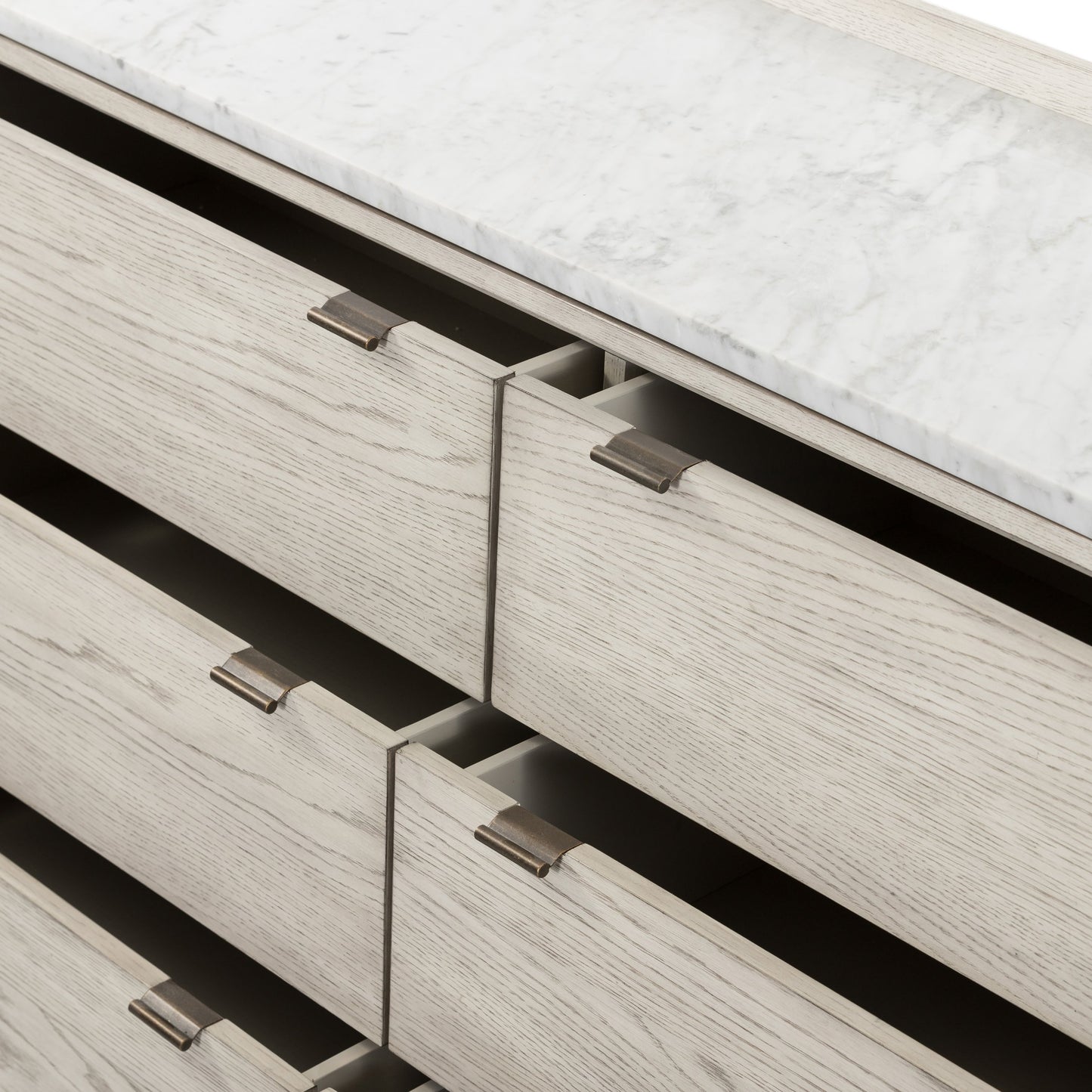 005 SI-1717124 | Closeup | Viggo 6 Drawer Dresser by Four Hands in vintage white oak, vintage white oak solid, italian white marble and vintage white oak, italian white marble. Made from oak veneer, solid oak, solid marble in a rustic style.