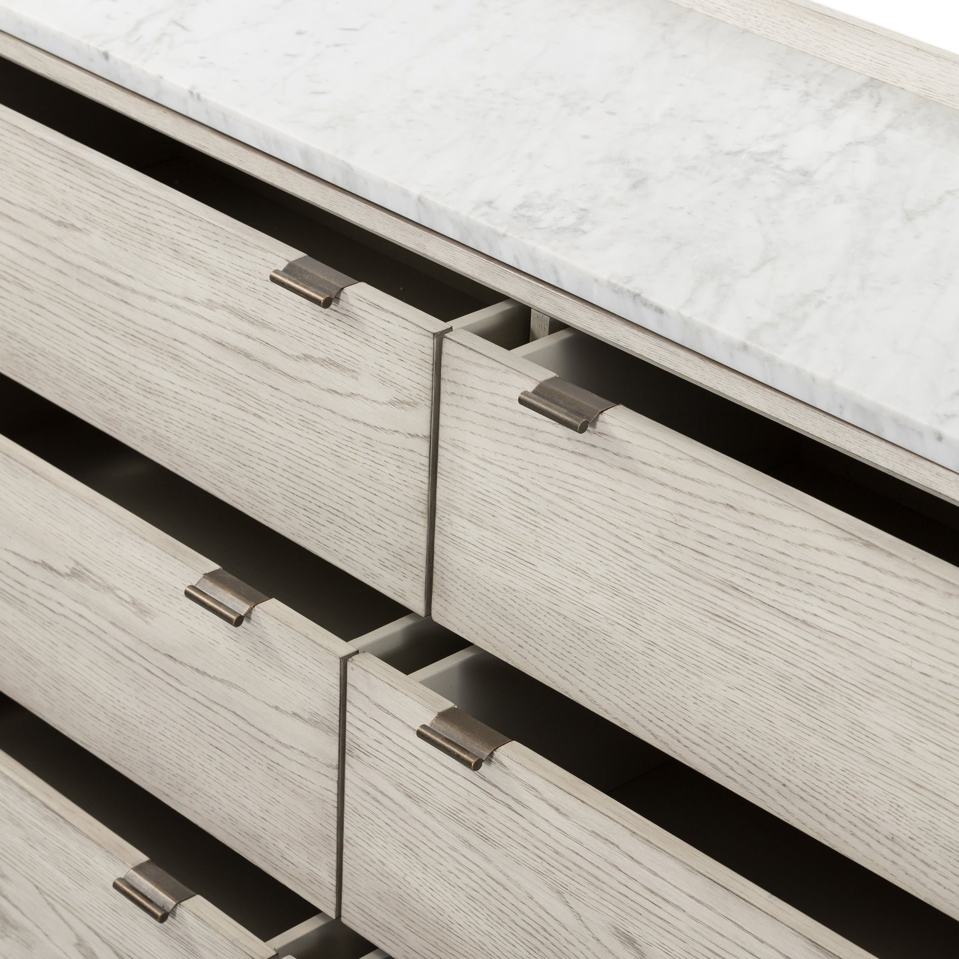 Viggo 6 Drawer Dresser by Four Hands in vintage white oak, vintage white oak solid, italian white marble and vintage white oak, italian white marble. Made from oak veneer, solid oak, solid marble in a rustic style.