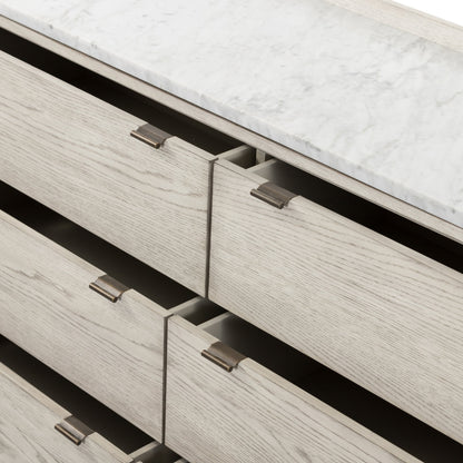 Viggo 6 Drawer Dresser by Four Hands in vintage white oak, vintage white oak solid, italian white marble and vintage white oak, italian white marble. Made from oak veneer, solid oak, solid marble in a rustic style.