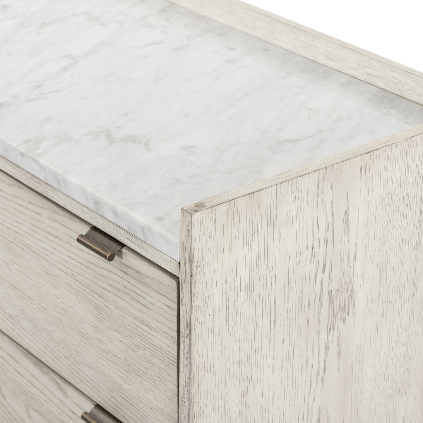 008 SI-1717124 | Closeup | Viggo 6 Drawer Dresser by Four Hands in vintage white oak, vintage white oak solid, italian white marble and vintage white oak, italian white marble. Made from oak veneer, solid oak, solid marble in a rustic style.
