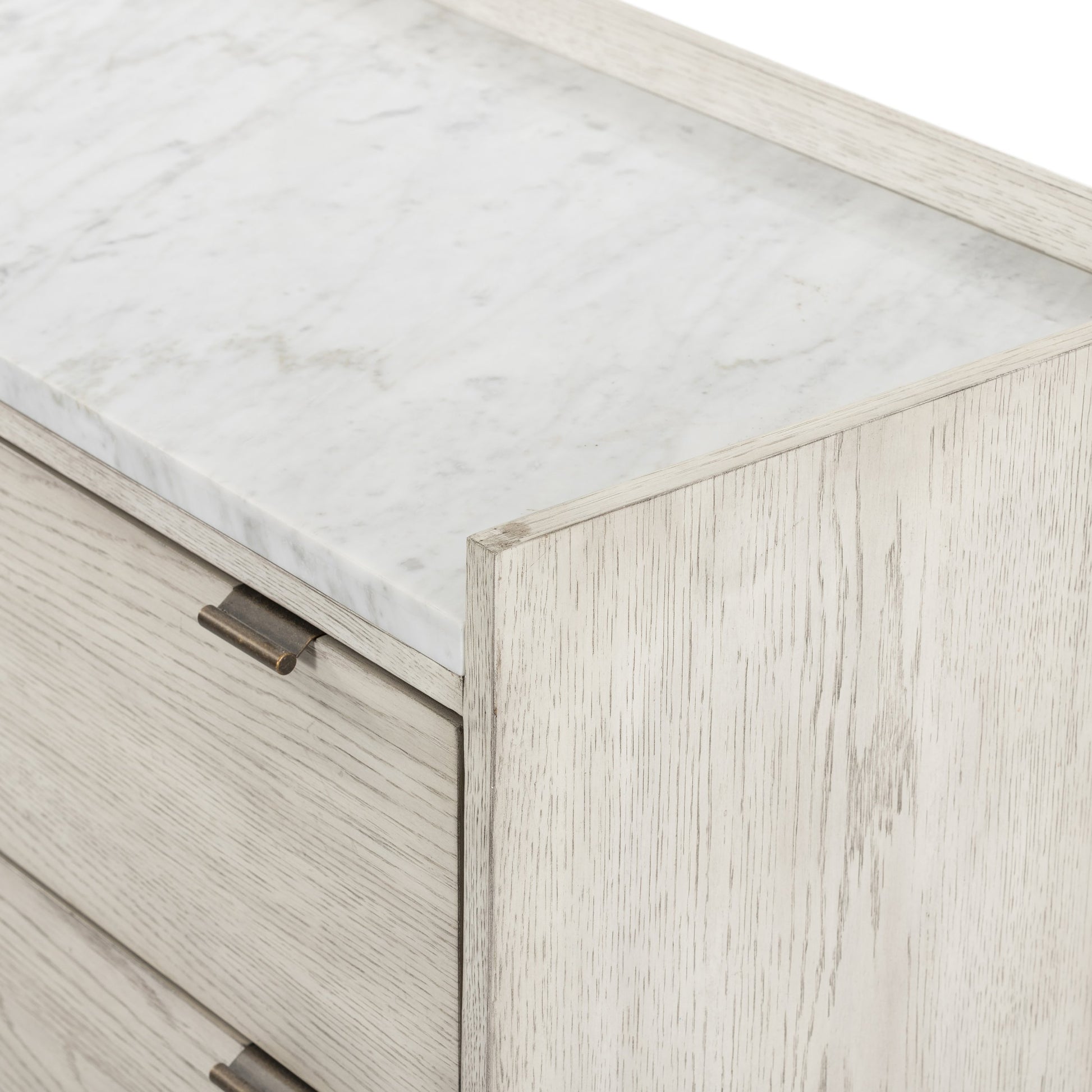 Viggo 6 Drawer Dresser by Four Hands in vintage white oak, vintage white oak solid, italian white marble and vintage white oak, italian white marble. Made from oak veneer, solid oak, solid marble in a rustic style.