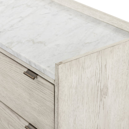 Viggo 6 Drawer Dresser by Four Hands in vintage white oak, vintage white oak solid, italian white marble and vintage white oak, italian white marble. Made from oak veneer, solid oak, solid marble in a rustic style.