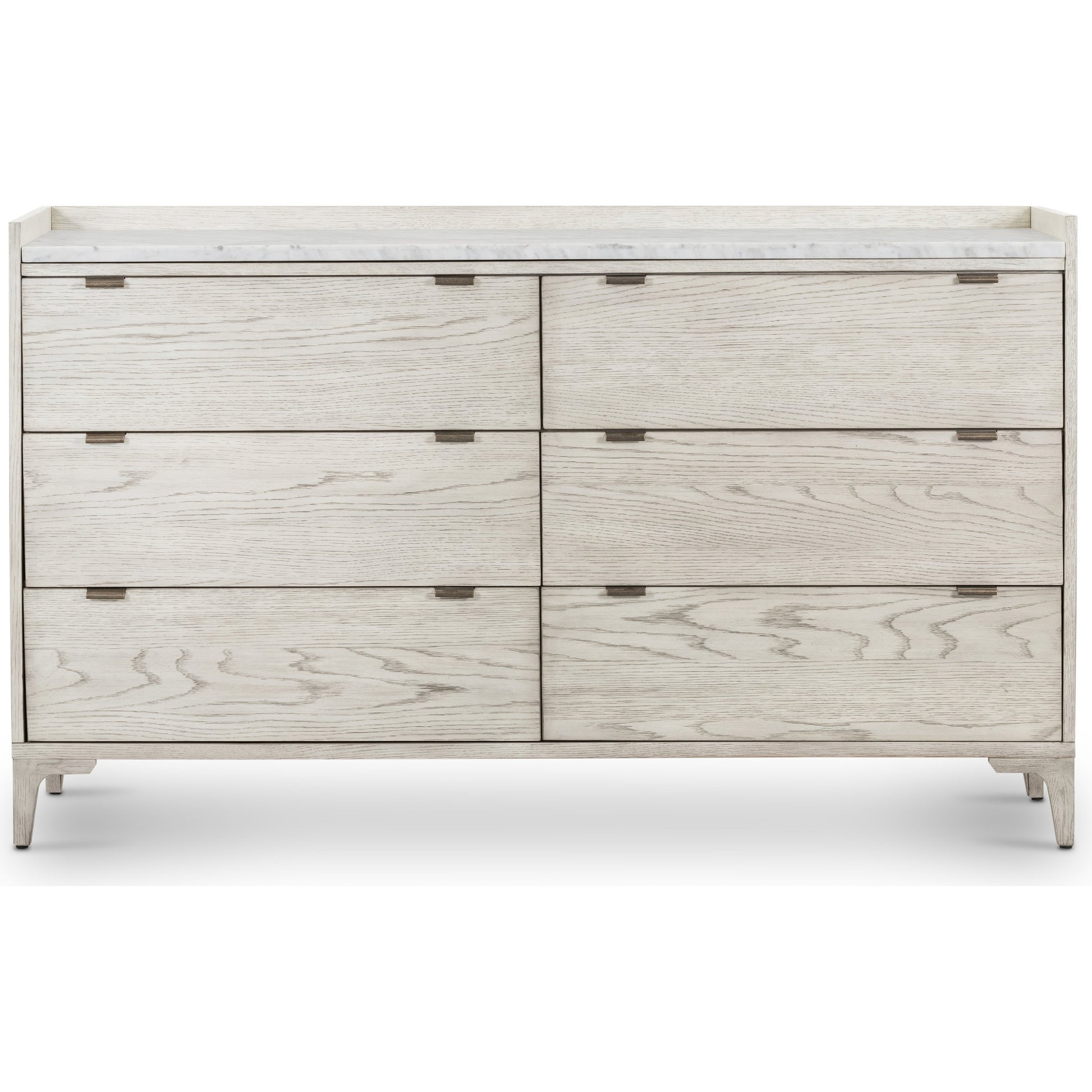 Viggo 6 Drawer Dresser by Four Hands in vintage white oak, vintage white oak solid, italian white marble and vintage white oak, italian white marble. Made from oak veneer, solid oak, solid marble in a rustic style.