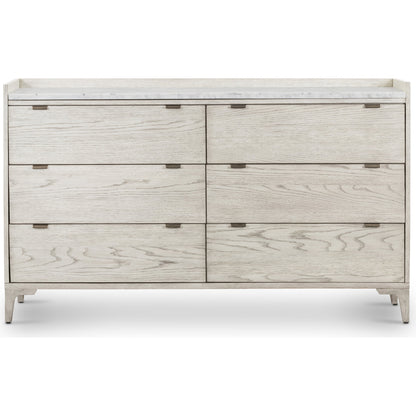 Viggo 6 Drawer Dresser by Four Hands in vintage white oak, vintage white oak solid, italian white marble and vintage white oak, italian white marble. Made from oak veneer, solid oak, solid marble in a rustic style.