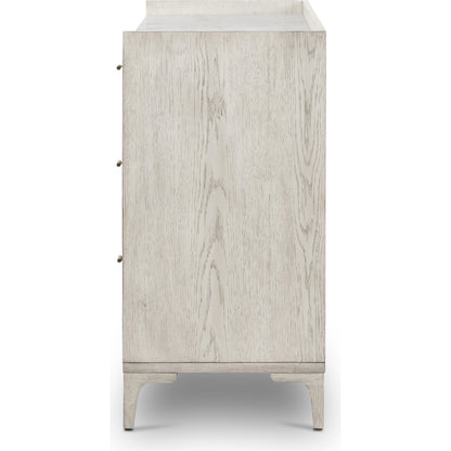 Viggo 6 Drawer Dresser by Four Hands in vintage white oak, vintage white oak solid, italian white marble and vintage white oak, italian white marble. Made from oak veneer, solid oak, solid marble in a rustic style.