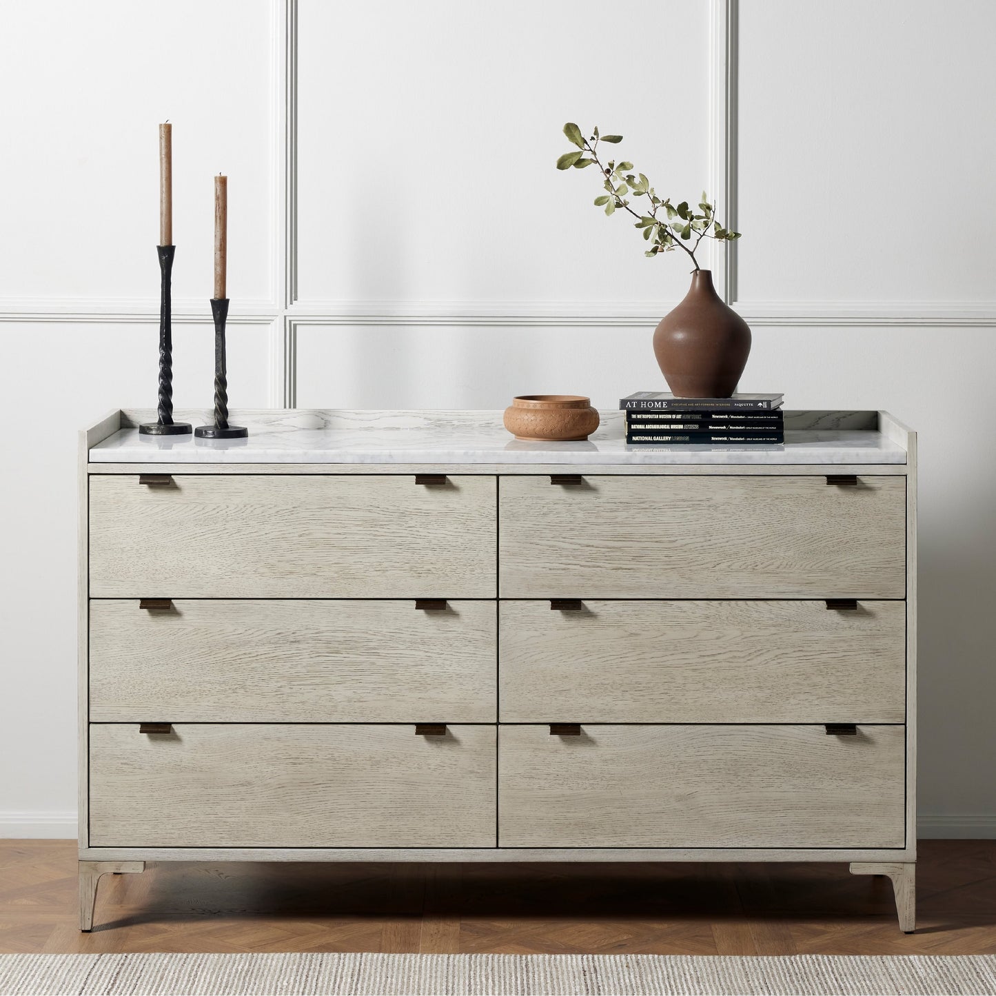 012 SI-1717124 | Lifestyle | Viggo 6 Drawer Dresser by Four Hands in vintage white oak, vintage white oak solid, italian white marble and vintage white oak, italian white marble. Made from oak veneer, solid oak, solid marble in a rustic style.